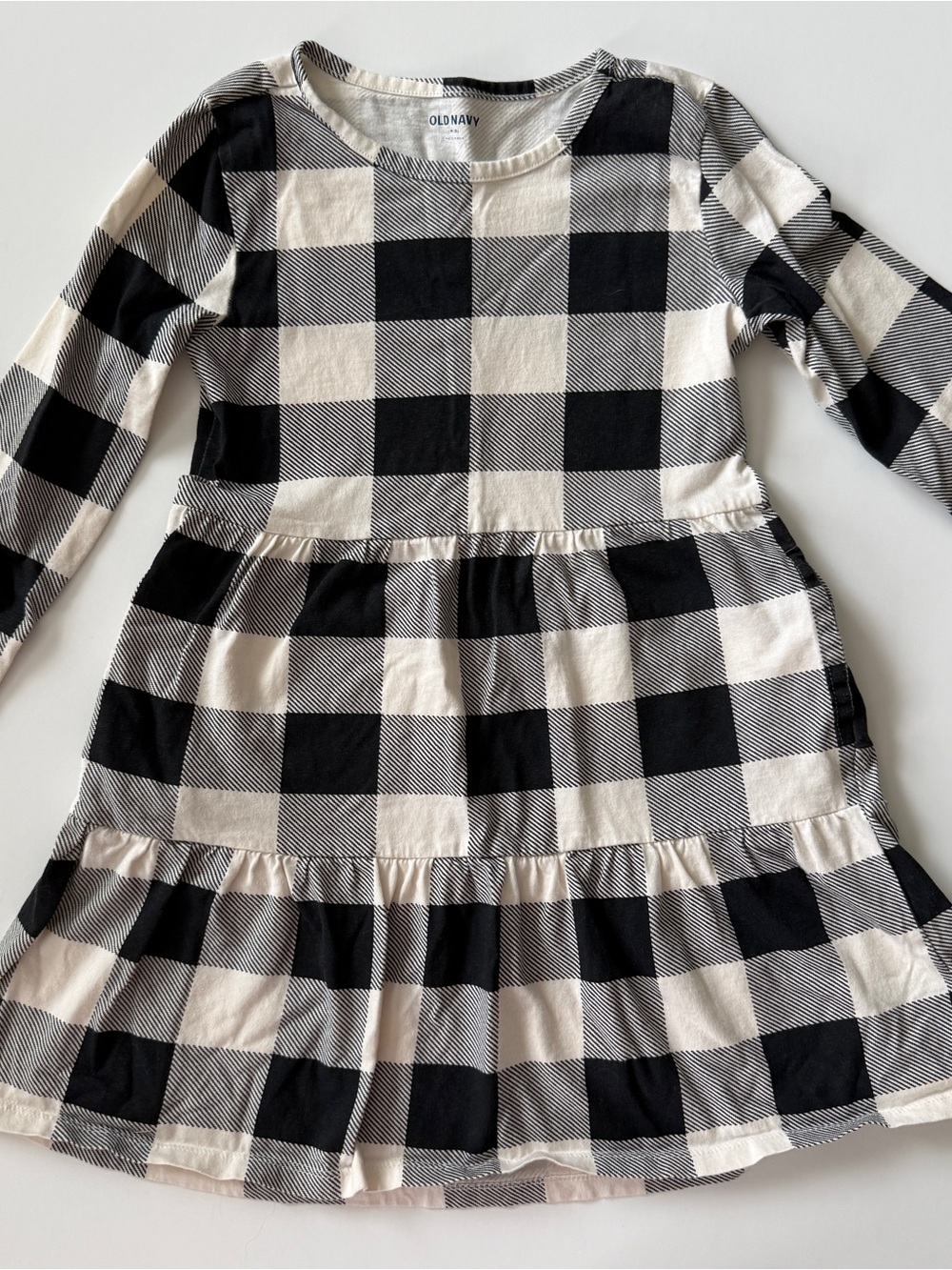Old Navy Black and White Buffalo Check Tiered Long Sleeve Girls' Dress